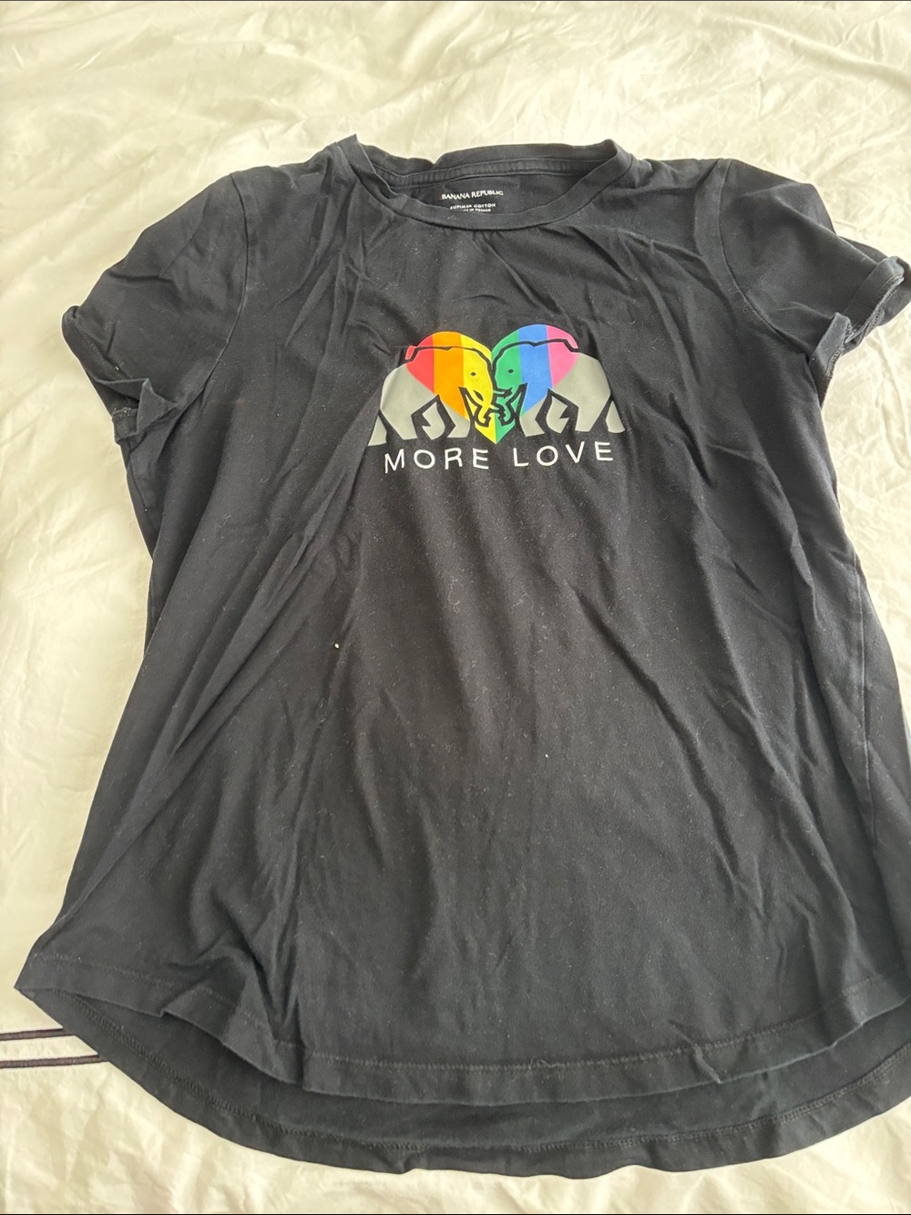 Banana Republic Black Tee with Rainbow Elephant Graphic